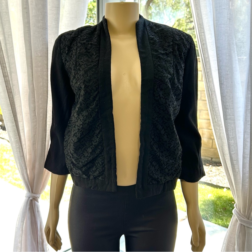 Lilli Ann Open Front Blazer Size M Medium Black Vintage Designer Floral Lace